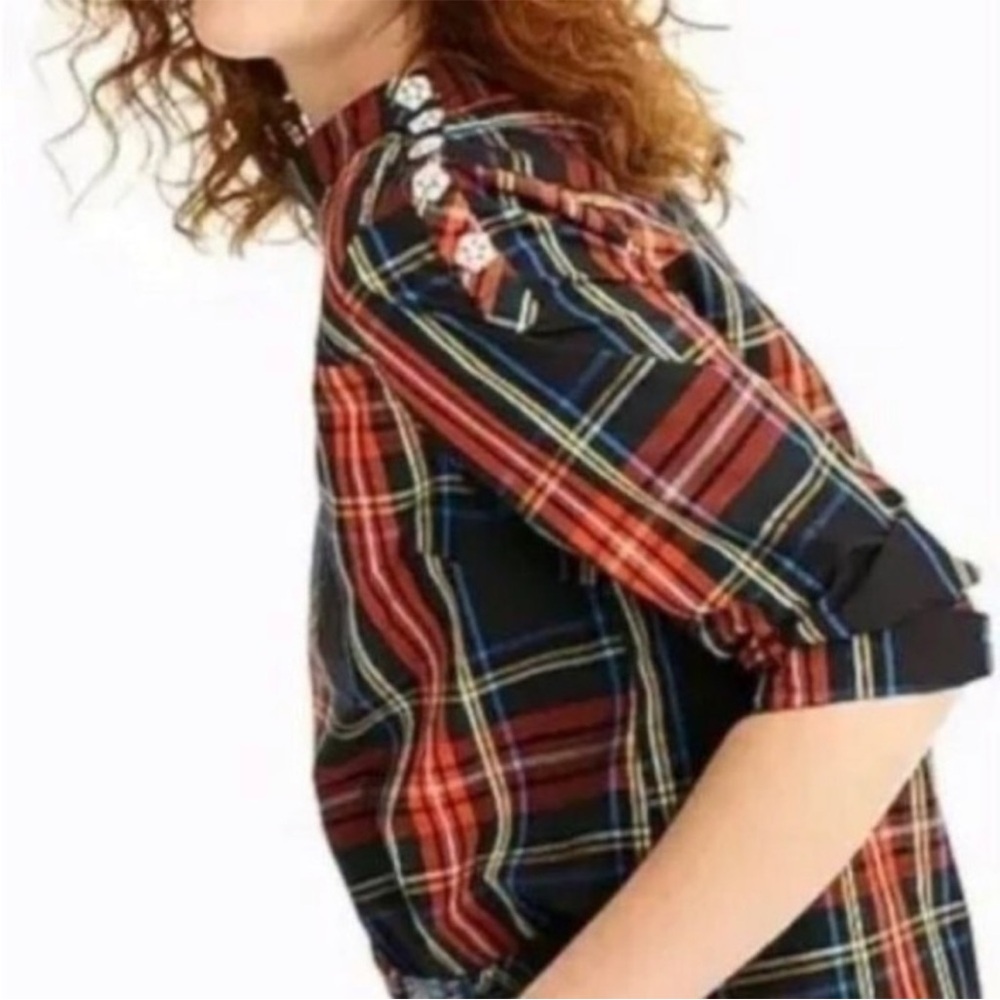 J.Crew Stewart tartan funnel neck top with jeweled shoulder buttons